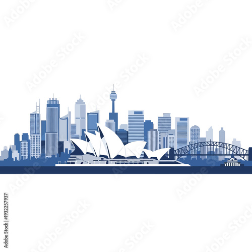 Sydney Skyline Silhouette with Opera House and Harbour Bridge, Blue Tones