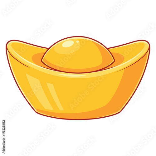 A vibrant cartoon illustration of a traditional Chinese gold ingot, symbolizing wealth and prosperity, with a shiny golden finish and a distinct boat-like shape.