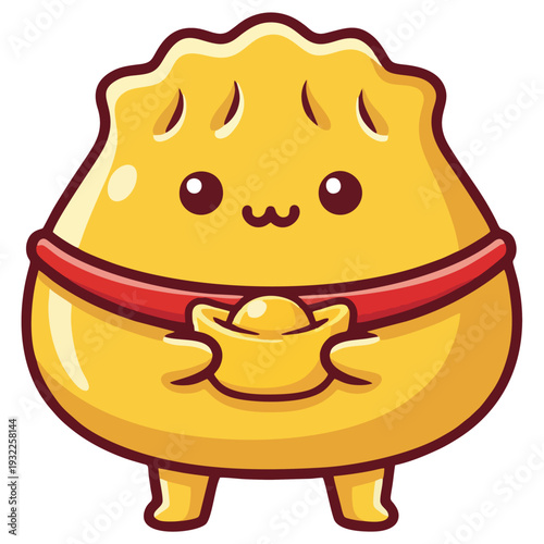 Cute golden dumpling character holding a lucky golden ingot, symbolizing prosperity and good fortune.