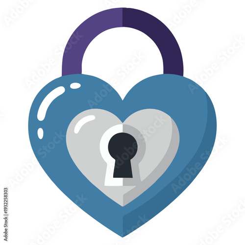 A charming blue heart-shaped padlock with a purple shackle and a central keyhole, rendered in a clean flat vector illustration style.