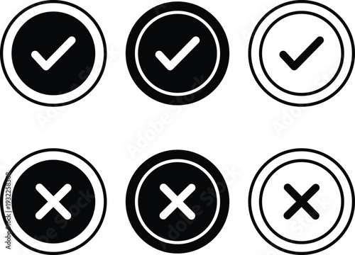 Set of black and white checkmark and cross within circles symbol