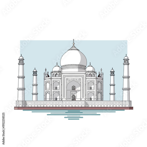 Taj Mahal iconic monument, Agra India, white marble mausoleum, symmetrical architecture, vector illustration