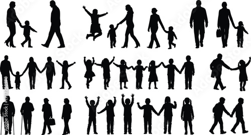 Silhouette of professional business people and diverse pedestrians walking with bags canes and mobile phones in city,