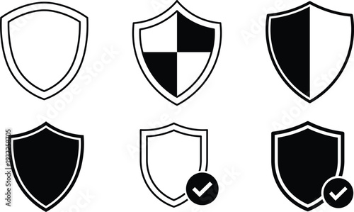 Six shield in black and white with checkmarks and divisions security protection safety