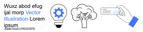 Technology, sustainability, identity verification, innovation, environment, personal data. Lightbulb with gear, tree icon hand with ID card. Technology and sustainability concept