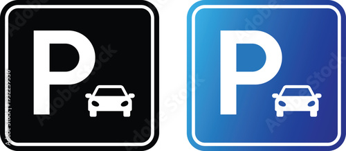 White car on black and blue parking signs vehicle symbol