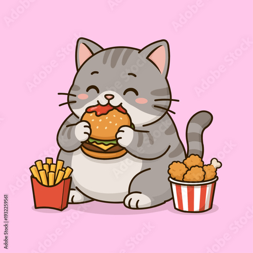 Vector illustration of a chubby cat mascot enjoying junk food with a cheerful and playful expression.