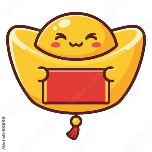A cute cartoon golden Chinese ingot with a smiling face holding a red banner and a red tassel, symbolizing prosperity and good fortune.