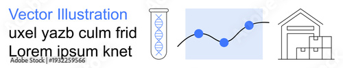 Logistics, research, analytics, DNA study, supply chain, data visualization. Test tube with DNA strands, graph with data points warehouse with parcels. Research and logistics concept