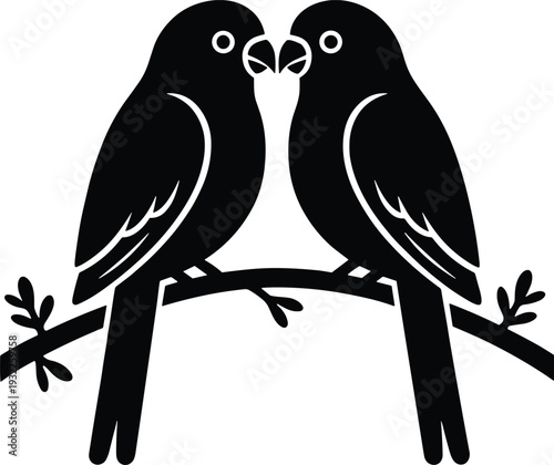 Lovebirds Silhouette Illustration, Romantic Parrot Couple Sitting on Branch Isolated on White Background for Wedding Invitation, Valentine Card and Nature Design