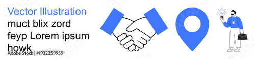 Business collaboration, location services, professional networking, agreement, deal-making, innovation concept. Handshake icon, map pin symbol person holding lightbulb and briefcase. Collaboration