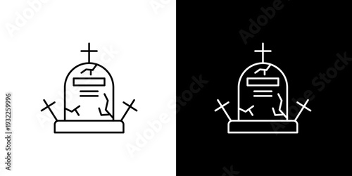 Single icon of  black and white illustration of a tombstone with a cross and cracks, symbolizing death and remembrance