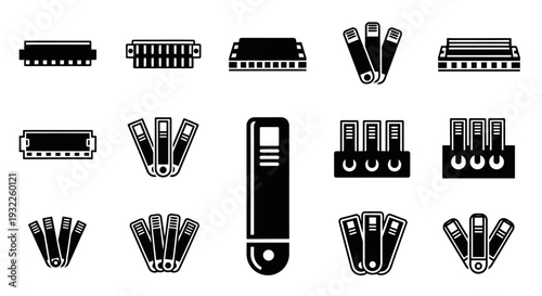 Collection of Various Harmonica Icons in Different Views and Styles on a Clean Background