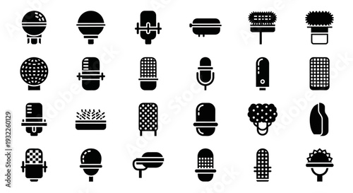 Collection of diverse microphone icons displayed in a grid layout, showcasing various designs and styles from different viewpoints.