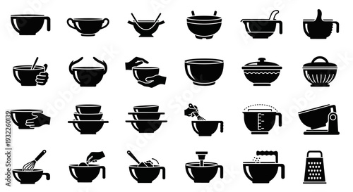 Collection of kitchen utensils and cookware silhouettes displayed against a clean background from a straightforward viewpoint