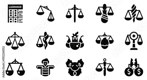 Collection of black justice and balance icons on white background depicting various scales and symbols