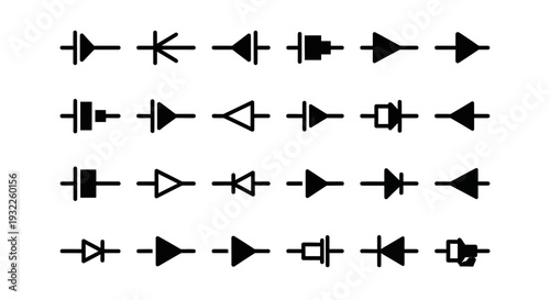 Collection of various electronic circuit symbols displayed in a grid pattern on a clean white background from a straightforward viewpoint