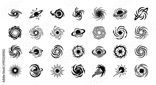 Collection of Various Black and White Spiral Galaxy Illustrations on a Plain Background from Different Viewpoints
