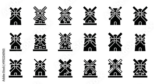 Collection of Windmill Icons in Various Styles and Designs on a Plain Background from a Direct Viewpoint