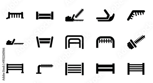 Collection of simple black icons depicting tropical landscapes and volcanoes in a grid pattern on a white background viewed from directly above