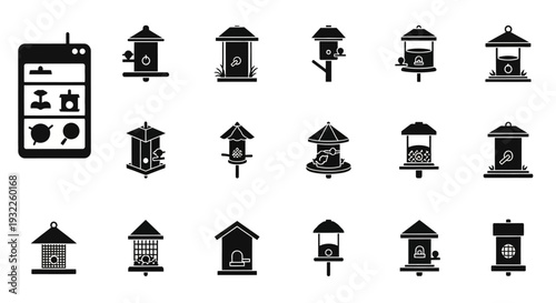 Collection of simple black icons depicting tropical landscapes and volcanoes in a grid pattern on a white background viewed from directly above