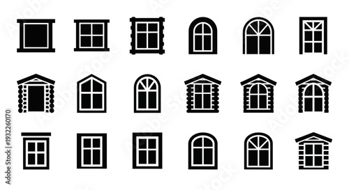 Collection of simple black icons depicting tropical landscapes and volcanoes in a grid pattern on a white background viewed from directly above