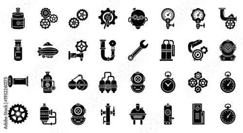 Collection of simple black icons depicting tropical landscapes and volcanoes in a grid pattern on a white background viewed from directly above