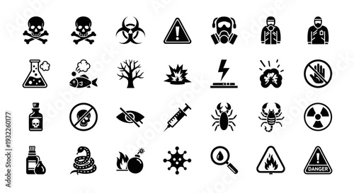 Collection of simple black icons depicting tropical landscapes and volcanoes in a grid pattern on a white background viewed from directly above