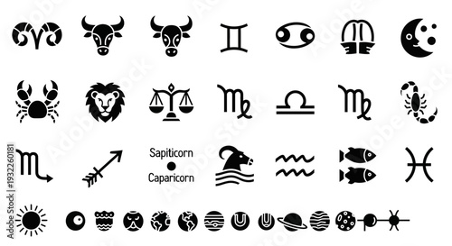 Collection of simple black icons depicting tropical landscapes and volcanoes in a grid pattern on a white background viewed from directly above