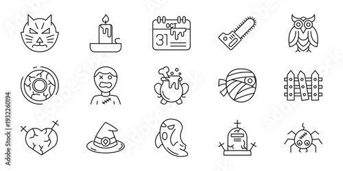Spooky Halloween Icons Set Featuring A Witch Hat, Cat, Ghost, Spider, And Candle For Festive Decorations