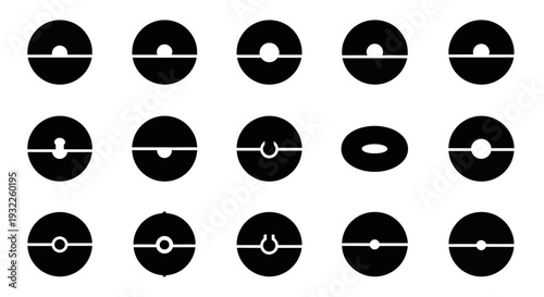 Collection of simple black icons depicting tropical landscapes and volcanoes in a grid pattern on a white background viewed from directly above