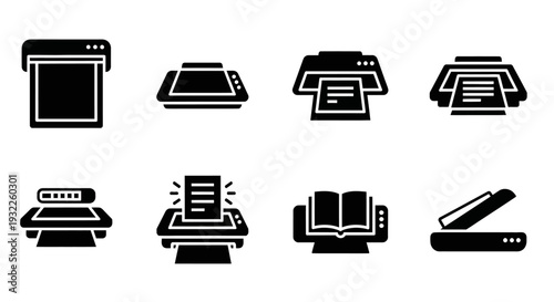 Collection of simple black icons depicting tropical landscapes and volcanoes in a grid pattern on a white background viewed from directly above