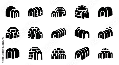 Collection of simple black icons depicting tropical landscapes and volcanoes in a grid pattern on a white background viewed from directly above