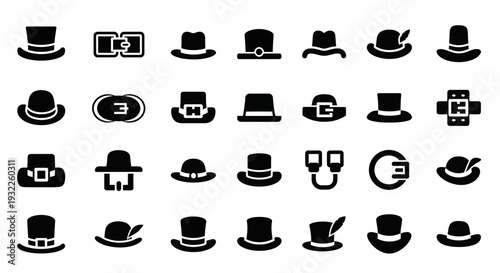 Collection of simple black icons depicting tropical landscapes and volcanoes in a grid pattern on a white background viewed from directly above