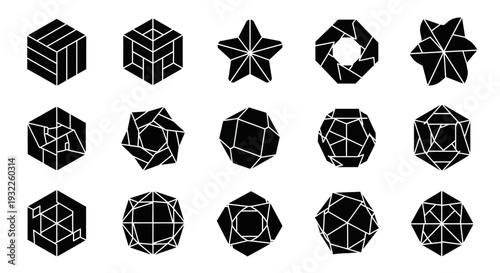 Collection of simple black icons depicting tropical landscapes and volcanoes in a grid pattern on a white background viewed from directly above