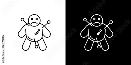 Single icon of voodoo doll with pins in it, representing magic, curse, and dark rituals