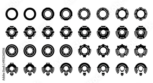 Collection of simple black icons depicting tropical landscapes and volcanoes in a grid pattern on a white background viewed from directly above