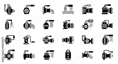 Collection of simple black icons depicting tropical landscapes and volcanoes in a grid pattern on a white background viewed from directly above