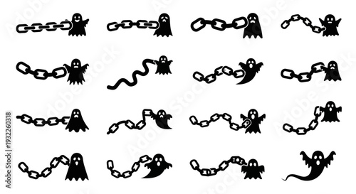 Collection of simple black icons depicting tropical landscapes and volcanoes in a grid pattern on a white background viewed from directly above