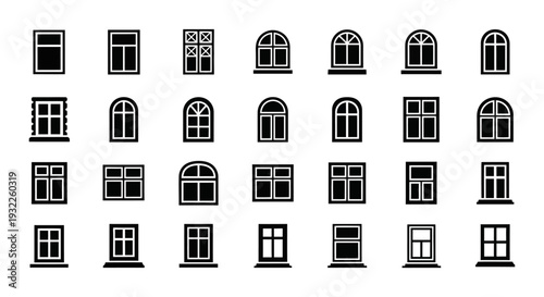 Collection of simple black icons depicting tropical landscapes and volcanoes in a grid pattern on a white background viewed from directly above