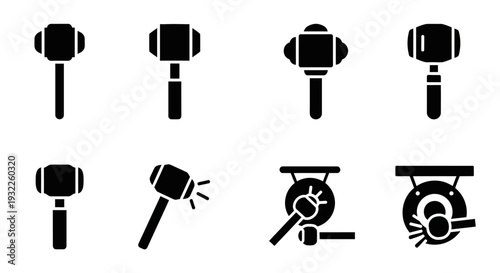Collection of simple black icons depicting tropical landscapes and volcanoes in a grid pattern on a white background viewed from directly above