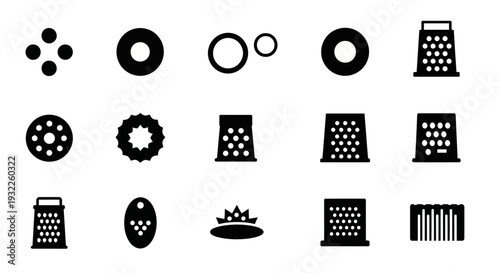 Collection of simple black icons depicting tropical landscapes and volcanoes in a grid pattern on a white background viewed from directly above