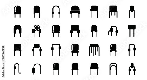 Collection of simple black icons depicting tropical landscapes and volcanoes in a grid pattern on a white background viewed from directly above