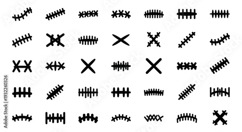 Collection of simple black icons depicting tropical landscapes and volcanoes in a grid pattern on a white background viewed from directly above