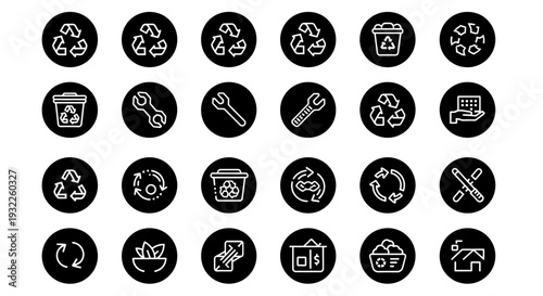 Collection of simple black icons depicting tropical landscapes and volcanoes in a grid pattern on a white background viewed from directly above