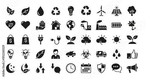 Collection of simple black icons depicting tropical landscapes and volcanoes in a grid pattern on a white background viewed from directly above