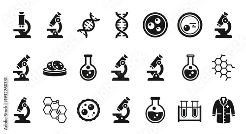 Collection of simple black icons depicting tropical landscapes and volcanoes in a grid pattern on a white background viewed from directly above