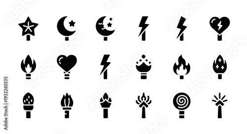 Collection of simple black icons depicting tropical landscapes and volcanoes in a grid pattern on a white background viewed from directly above