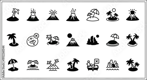 Collection of simple black icons depicting tropical landscapes and volcanoes in a grid pattern on a white background viewed from directly above