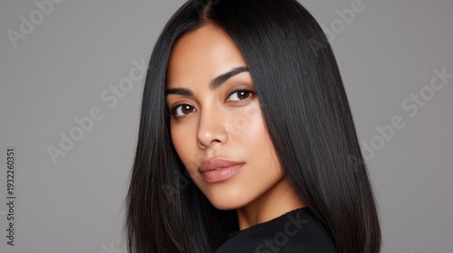 Elegant portrait of a young woman with long, straight hair and natural makeup against a neutral background © buraratn